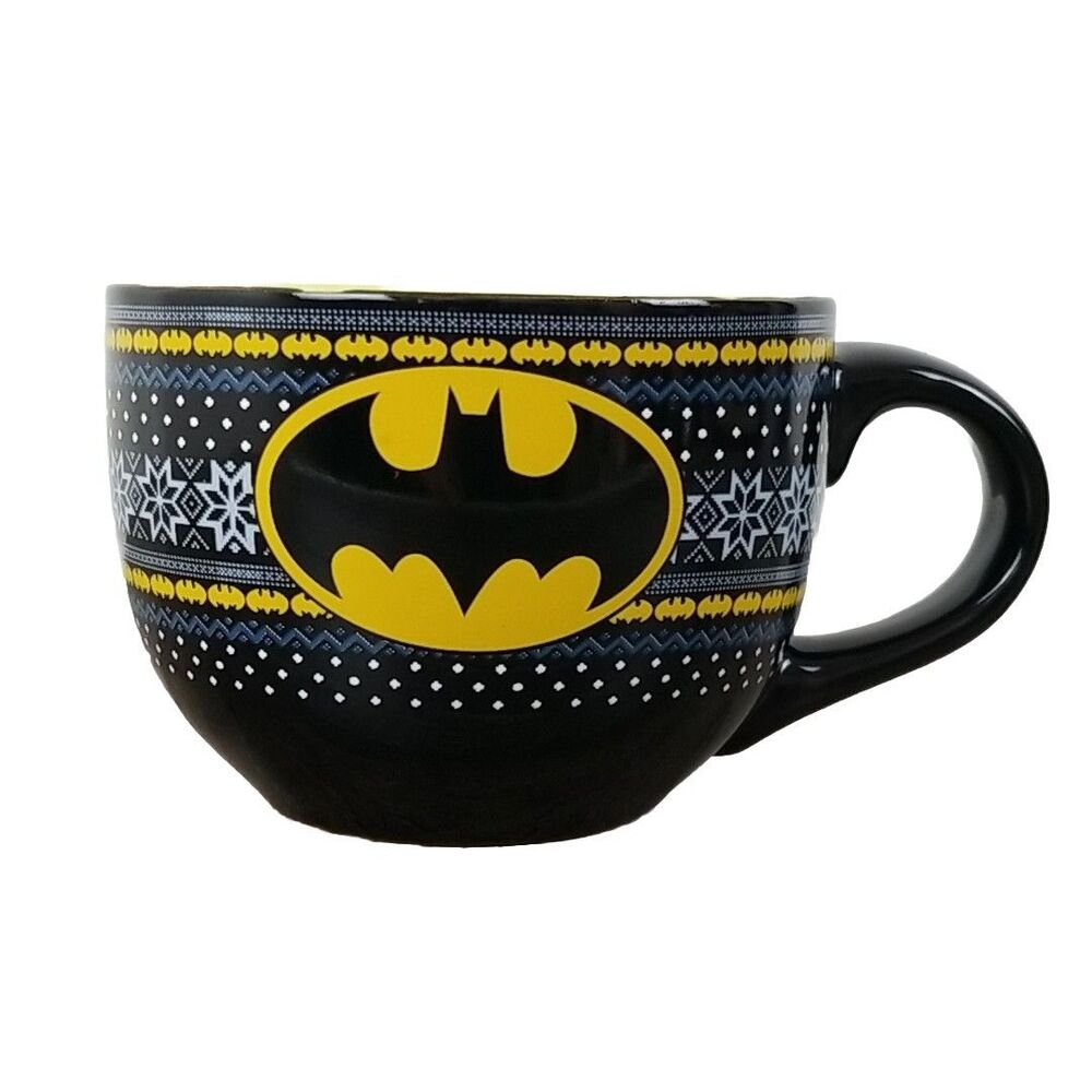 Batman Holiday Ceramic Soup Mug with Yellow Bat Symbol 24oz Rare Christmas Theme